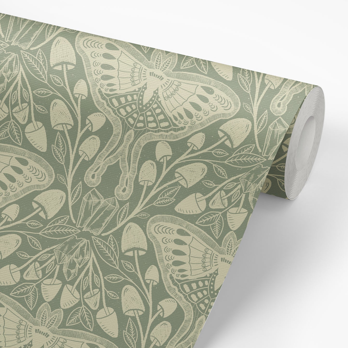 Luna Moths Wallpaper in Green shown on a roll of wallpaper.