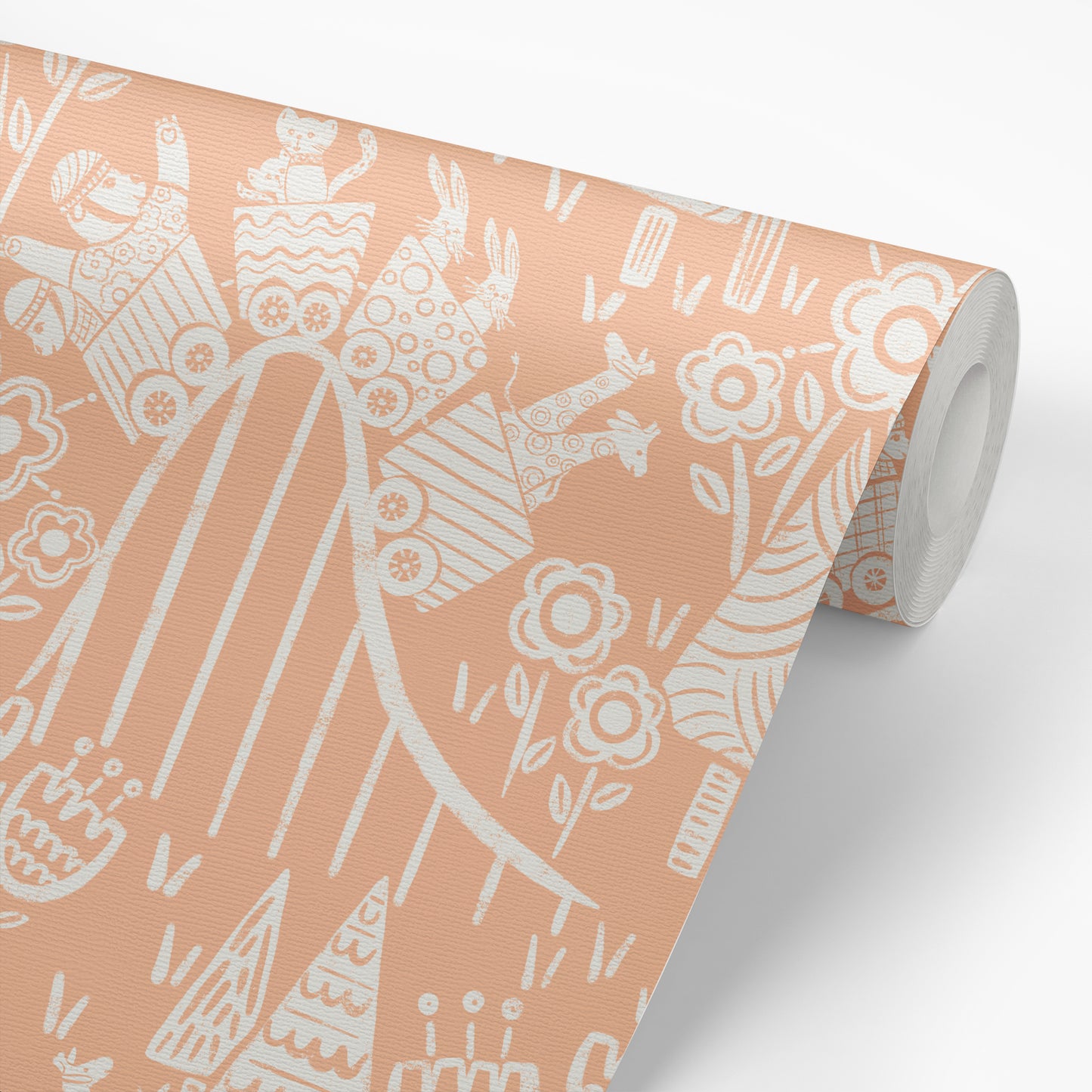 Houses Wallpaper in Apricot Background shown on a roll of wallpaper.