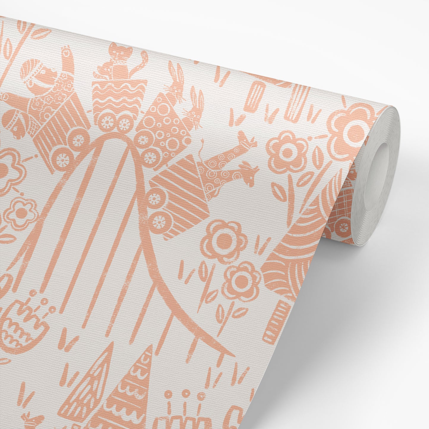 Houses Wallpaper in Apricot shown on a roll of wallpaper.