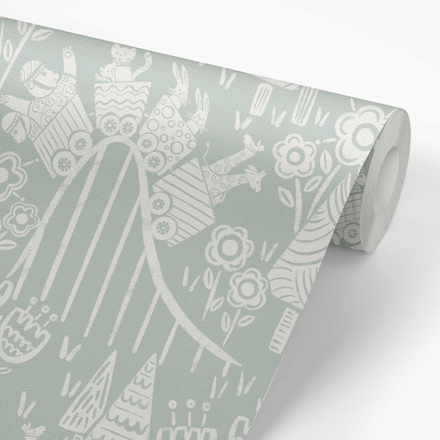 In the Theme Park Wallpaper in Sea Green shown on a roll of wallpaper.