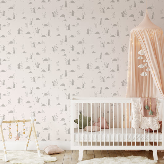 Hedgehogs and Rabbits Wallpaper in Gray shown in a nursery.