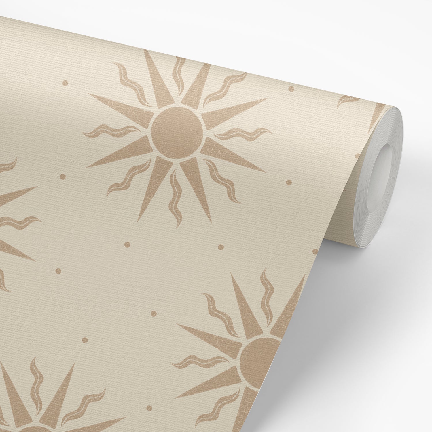 Sunny Suns Wallpaper in Tan shown on a roll of wallpaper.