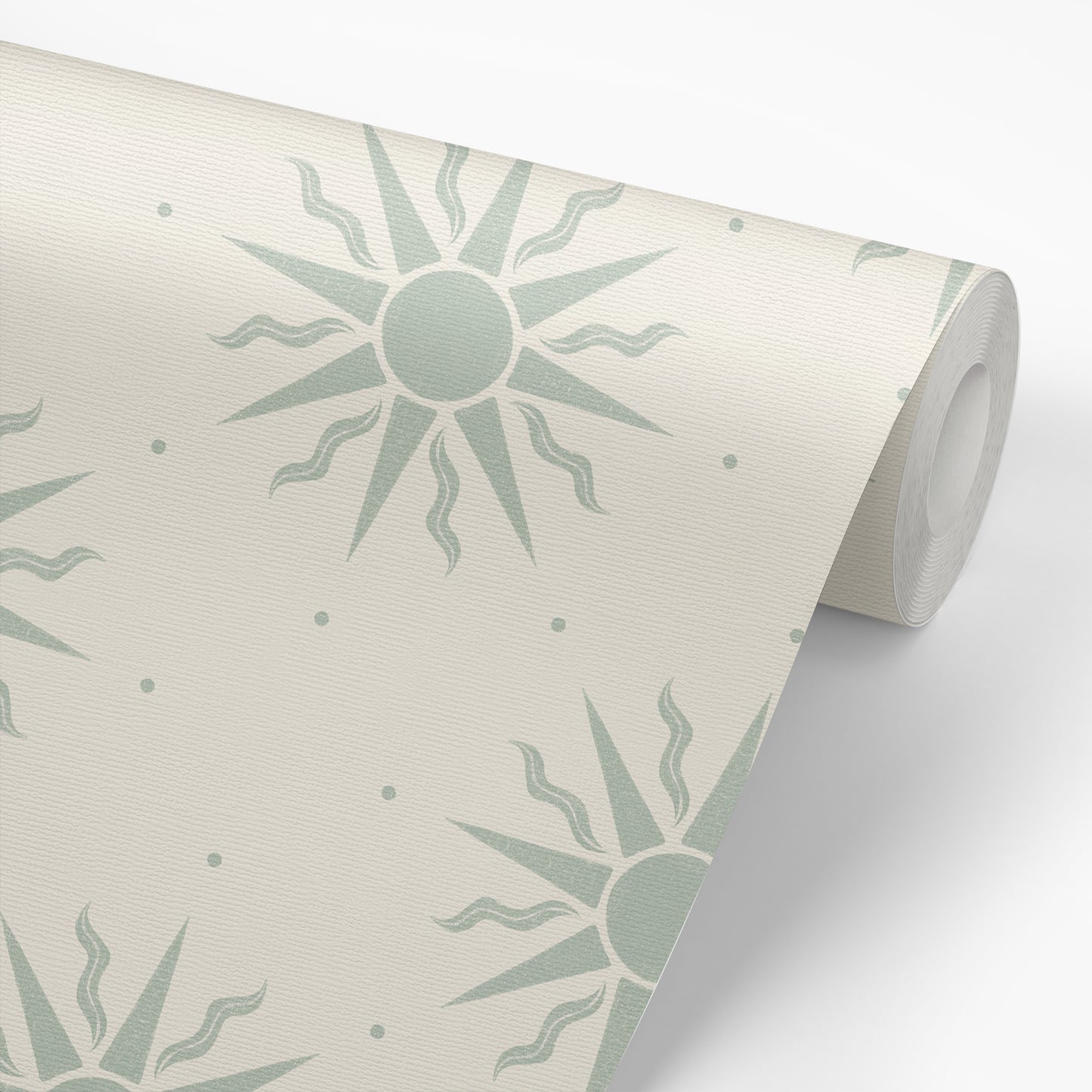 Sunny Suns Wallpaper in Sea Green shown on a roll of wallpaper.