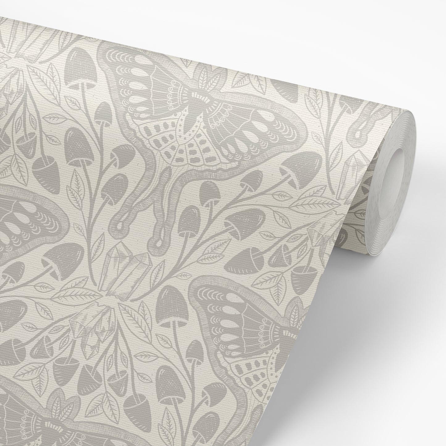 Luna Moths Wallpaper in Gray shown on a roll of wallpaper.