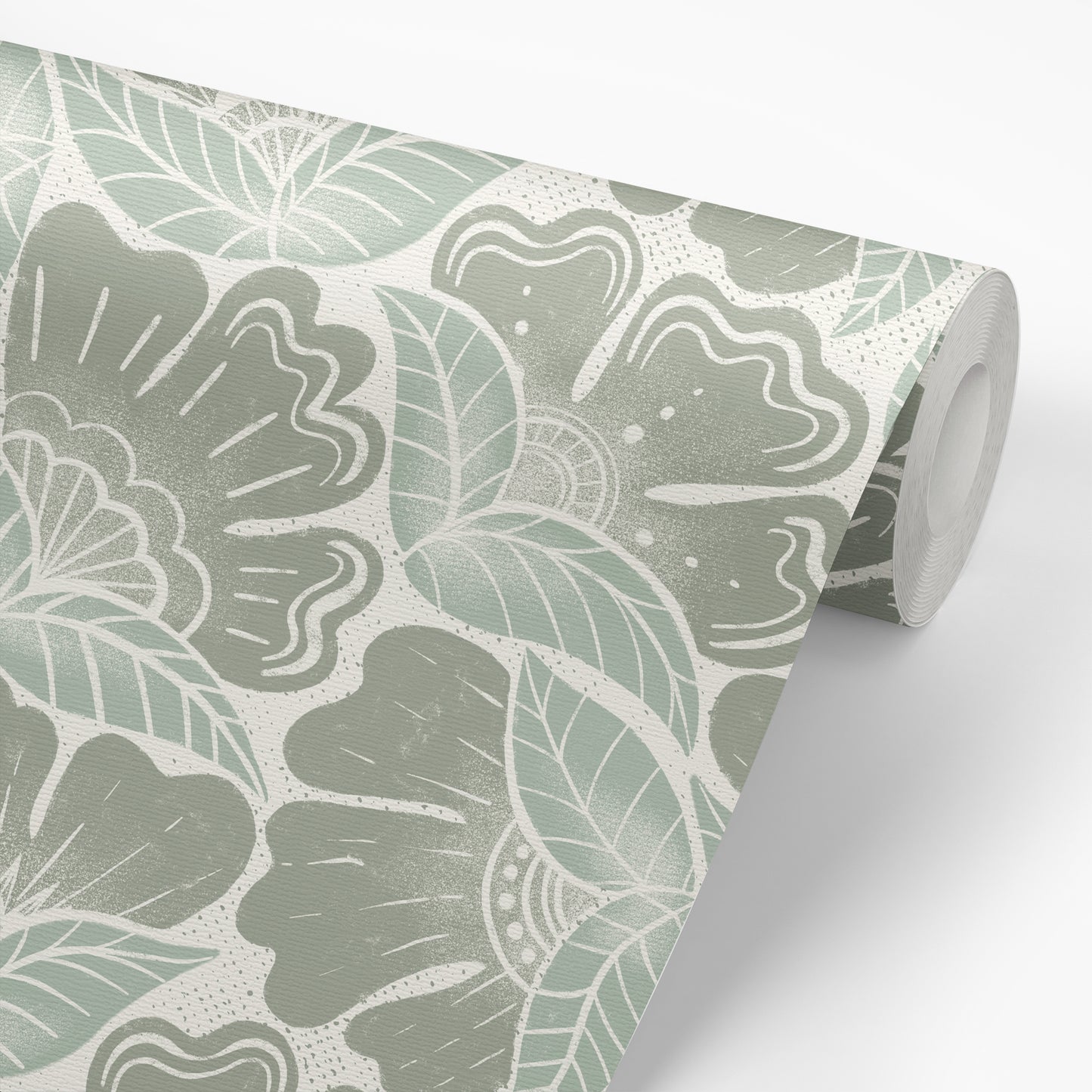 Scattered Flowers Wallpaper in Green shown on a roll of wallpaper.