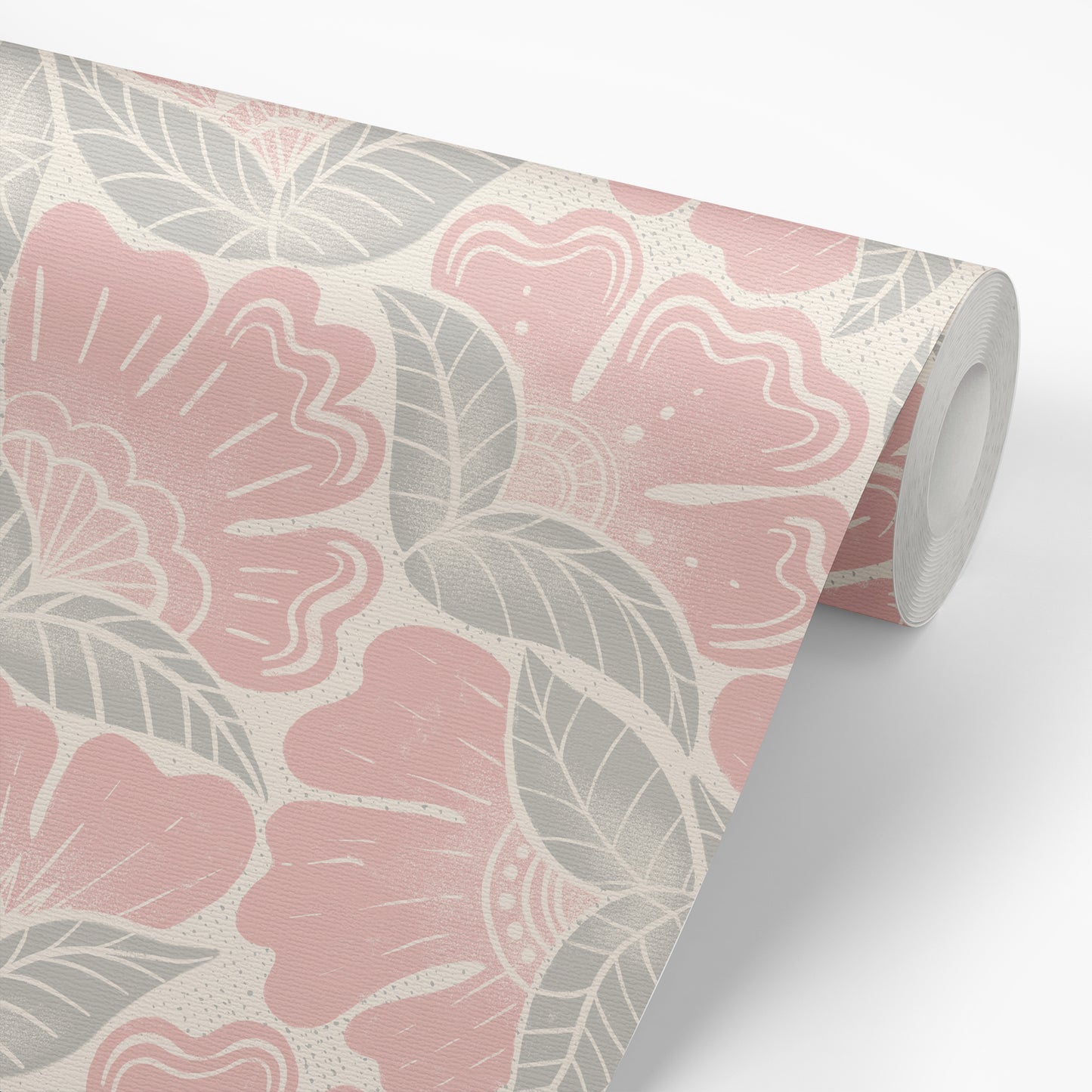 Scattered Flowers Wallpaper in Rosy Pink shown on a roll of wallpaper.