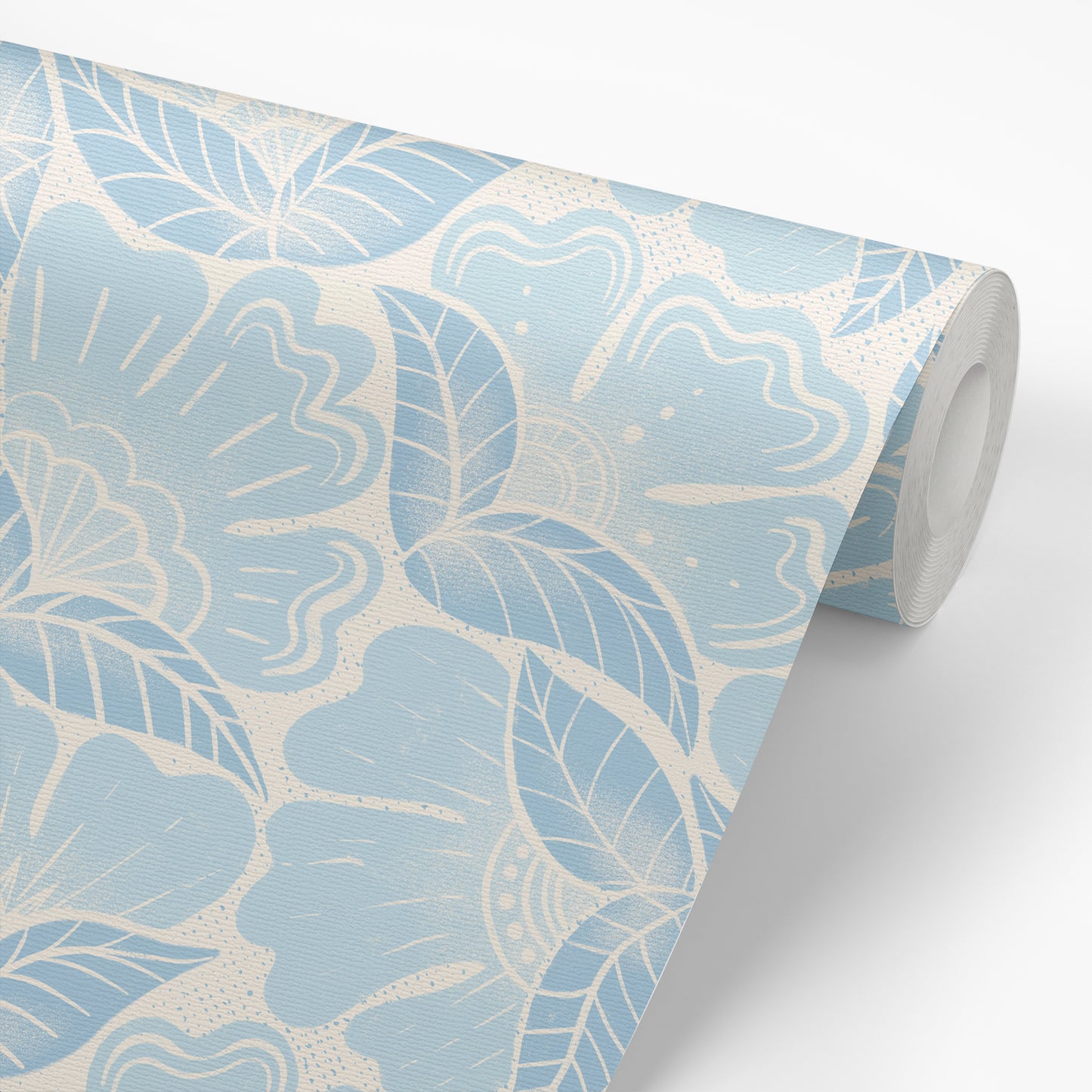 Scattered Flowers Wallpaper in Blue shown on a roll of wallpaper.