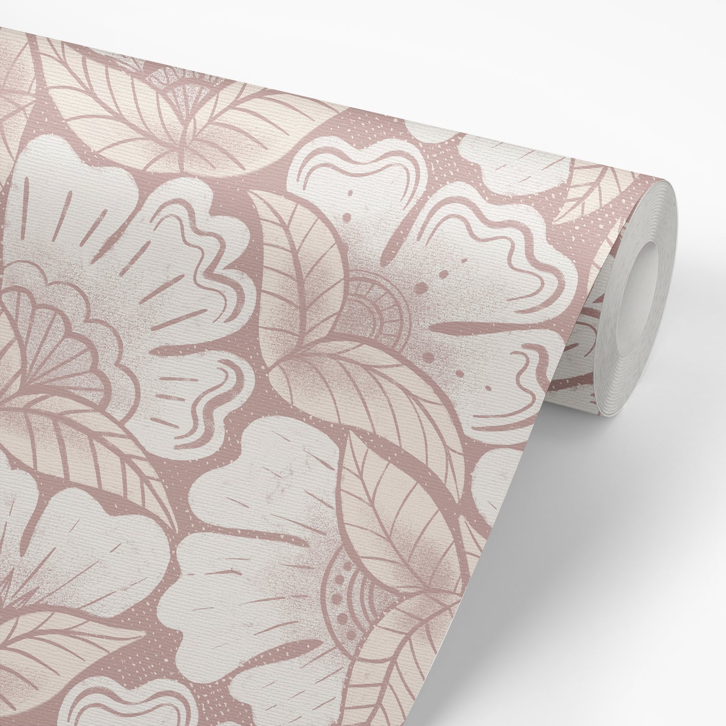 Scattered Flowers Wallpaper in Deep Mauve shown on a roll of wallpaper.