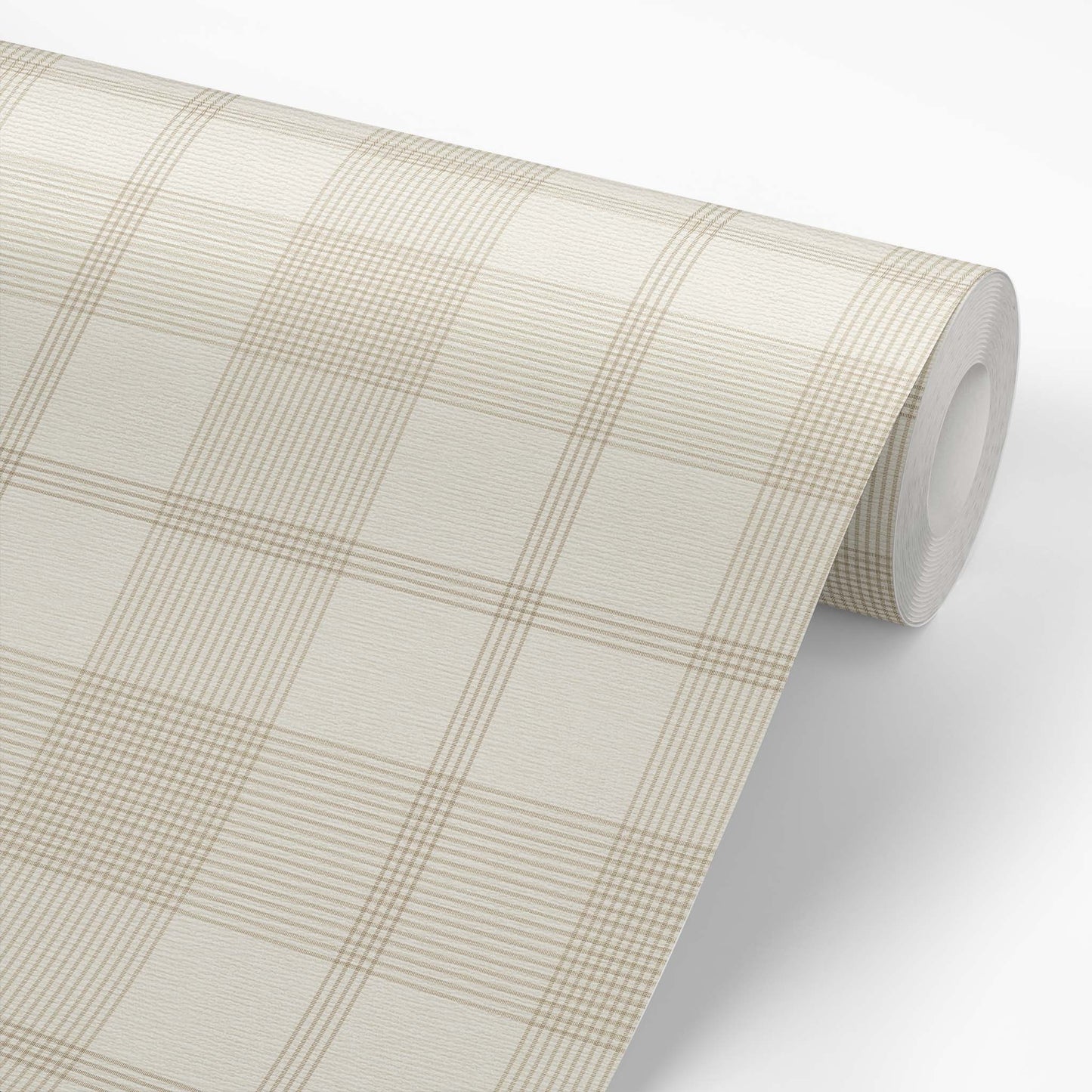 Roll of beige plaid wallpaper on a creamy white background