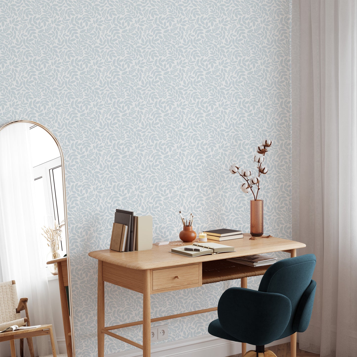 Adorn your walls with our luxurious Falling Leaves Wallpaper in Cloudy Sky Blue. The scattered flowers add a subtle touch of elegance, while the soft blue hue brings a calming and sophisticated atmosphere to any room shown in a full size image.