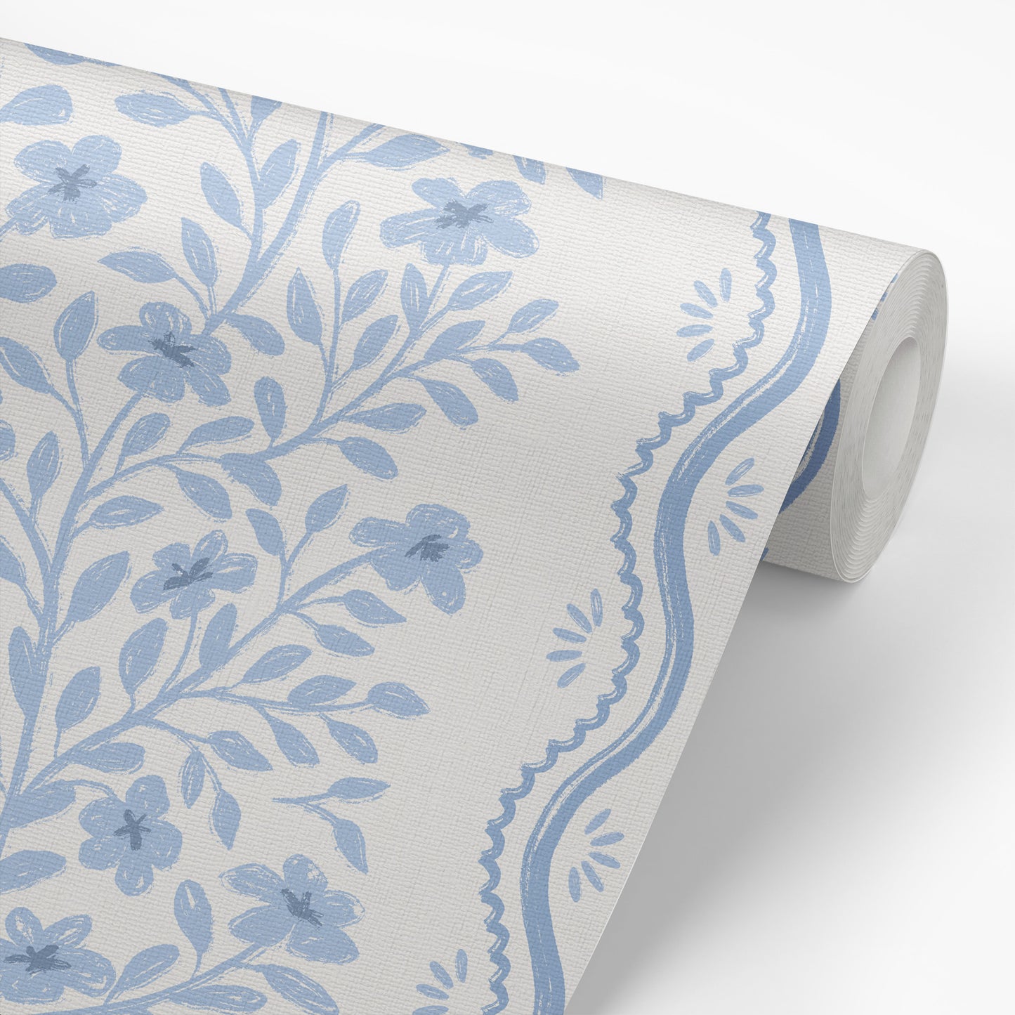 Faye Floral Wallpaper in Blue shown on a wallpaper roll.