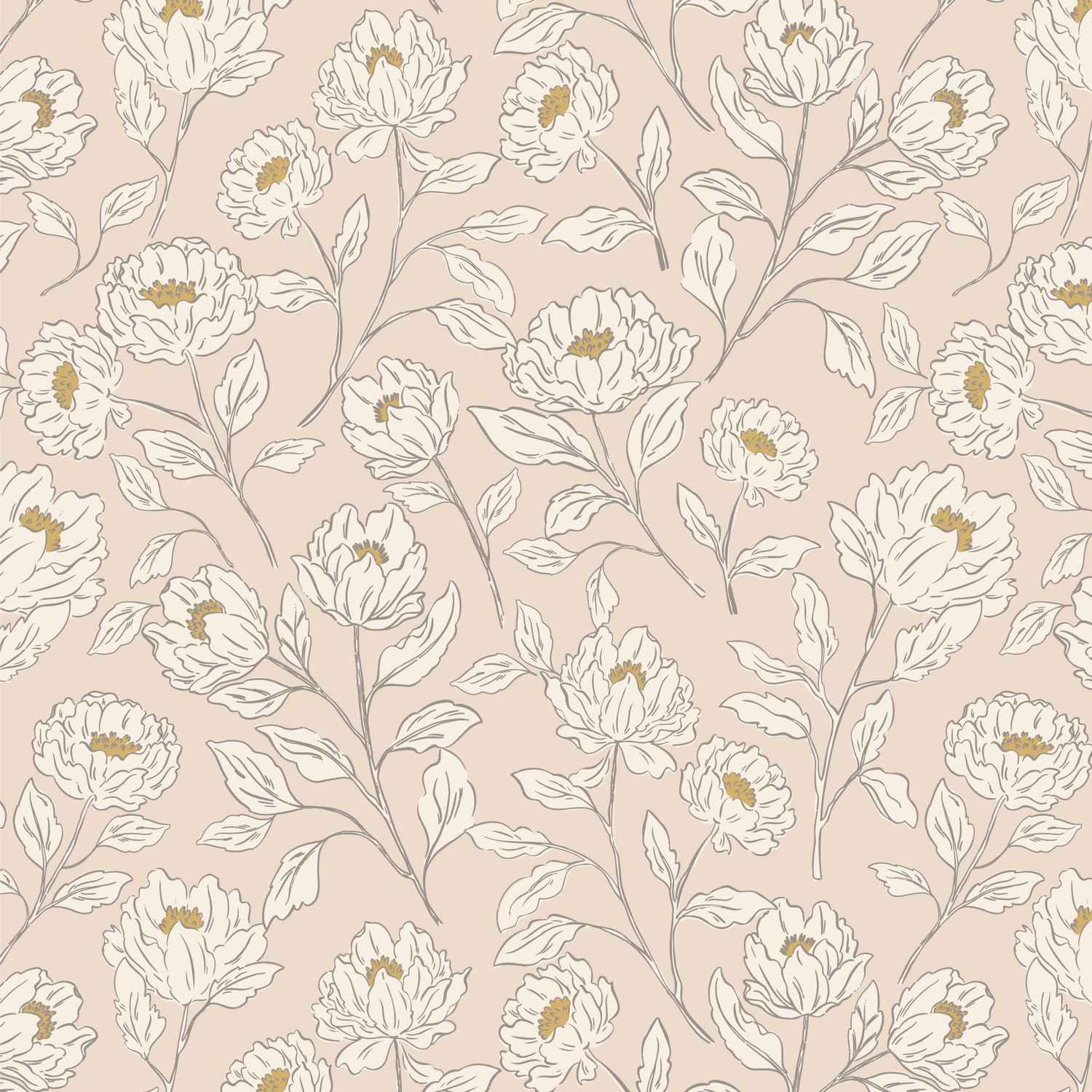 Closeup of Floral Toile Peel and Stick, Removable Wallpaper in Blush