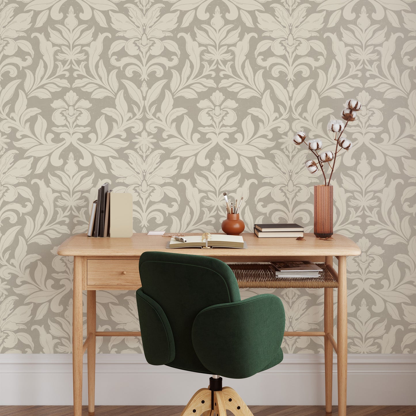 Floral Dreams Damask Wallpaper in Cream on Beige in an office