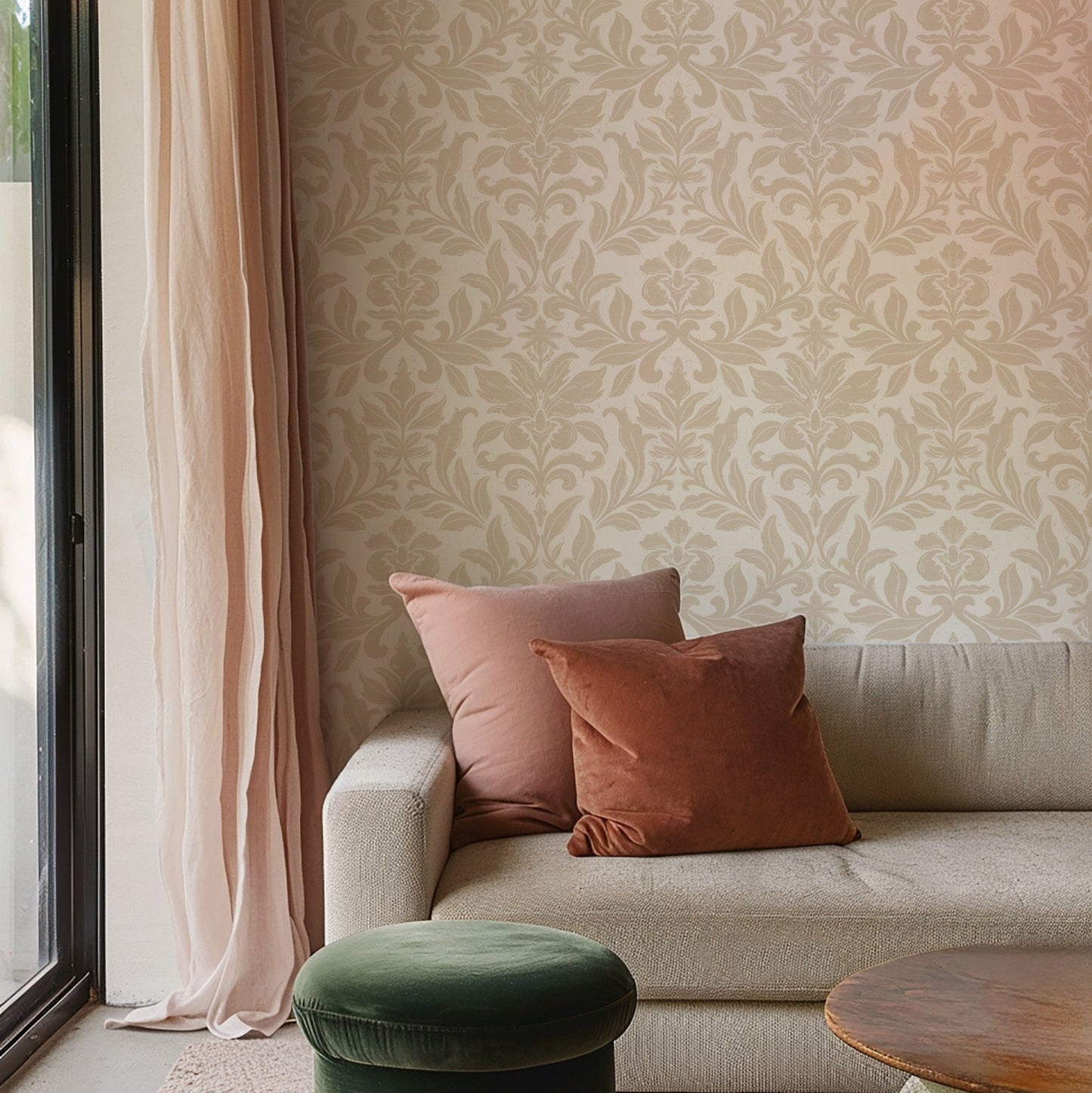 Floral Dreams Damask Wallpaper in Sand in a living room