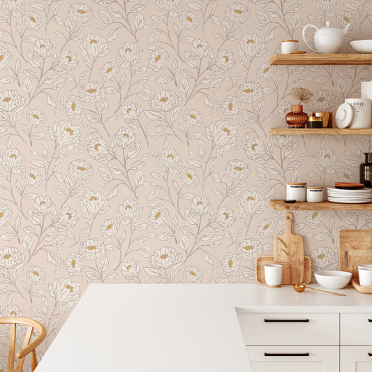 Kitchen Pantry featuring Floral Toile Peel and Stick, Removable Wallpaper in Blush