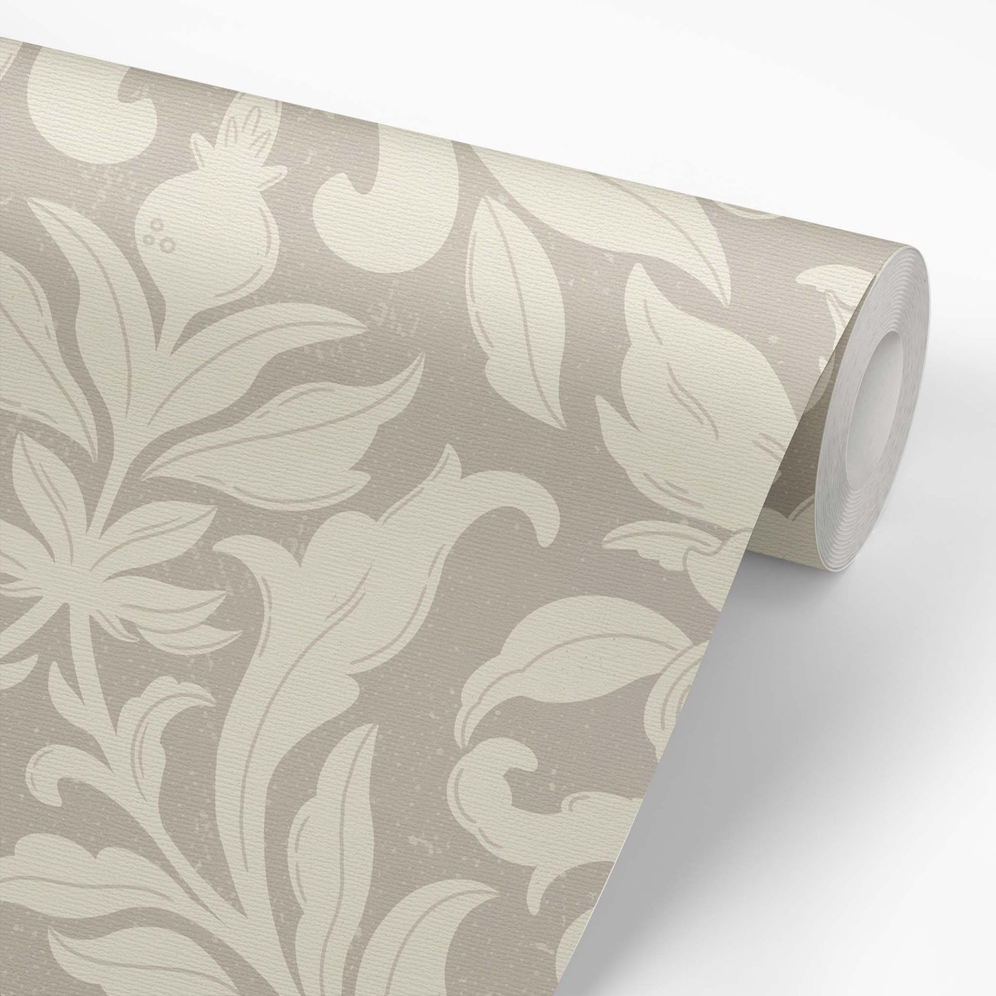 Floral Dreams Damask Wallpaper in Cream on Beige on a roll of wallpaper