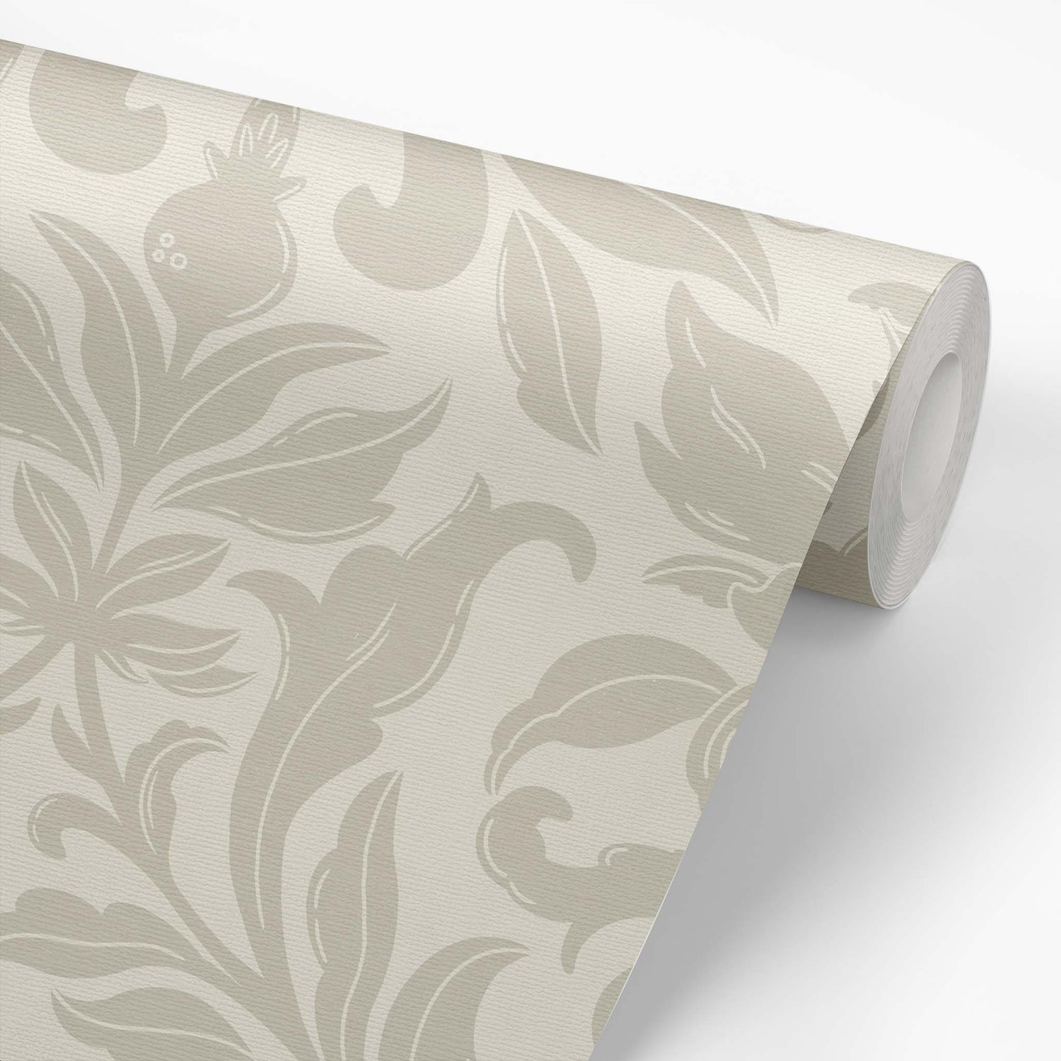 Floral Dreams Damask Wallpaper in Beige on a roll of wallpaper