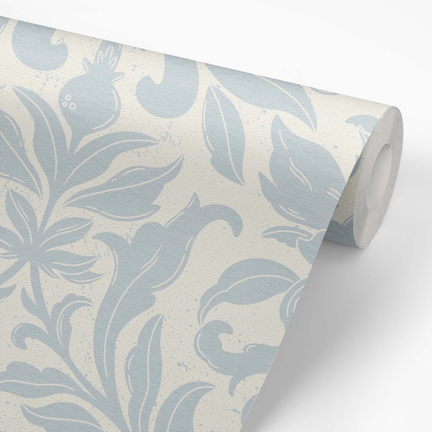 Floral Dreams Damask Wallpaper in Barely Blue on a roll of wallpaper