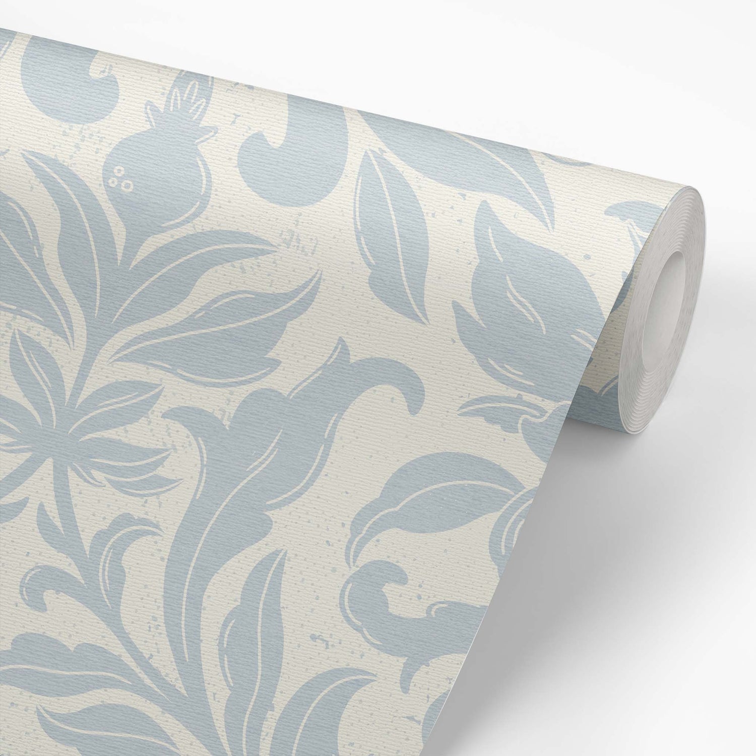 Floral Dreams Damask Wallpaper in Barely Blue on a roll of wallpaper