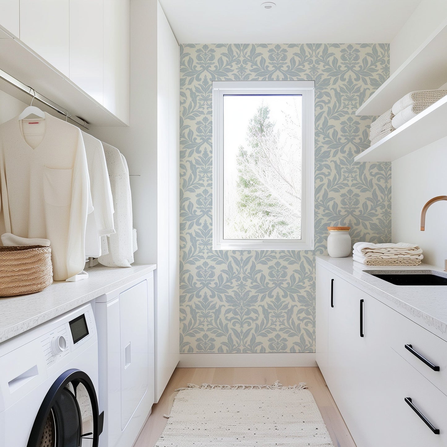 Floral Dreams Damask Wallpaper in Barely Blue shown in a laundry room
