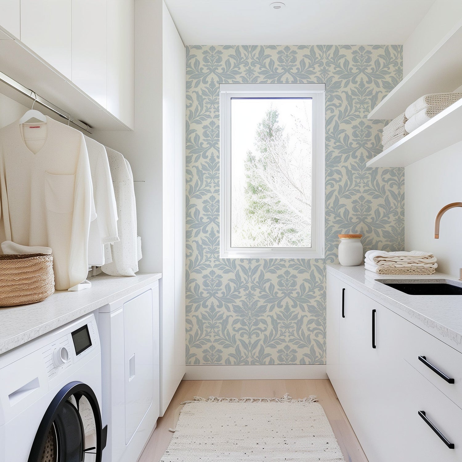 Floral Dreams Damask Wallpaper in Barely Blue shown in a laundry room