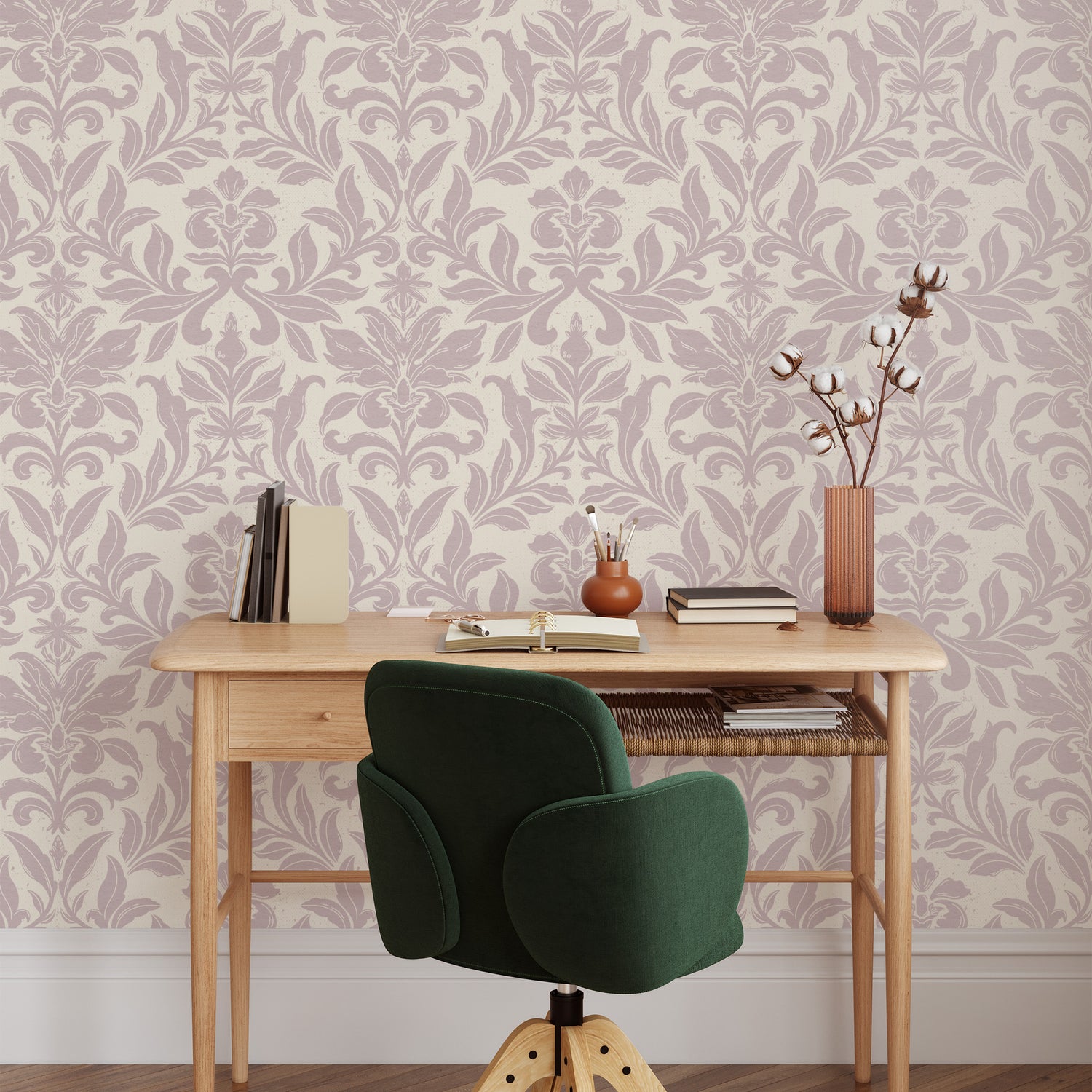 Floral Dreams Damask Wallpaper in Rose in a home office