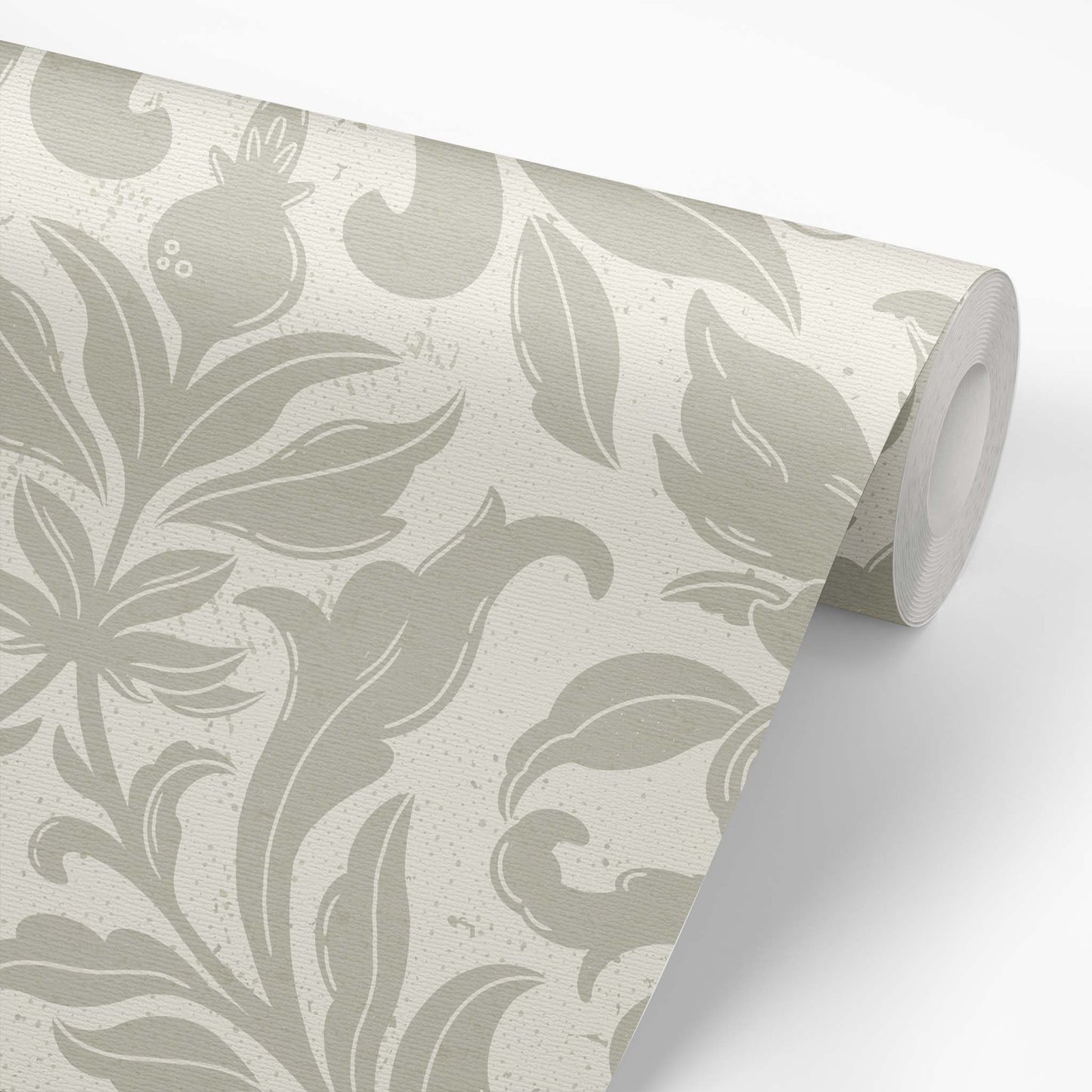 Floral Dreams Damask Wallpaper in Sage on a roll of wallpaper
