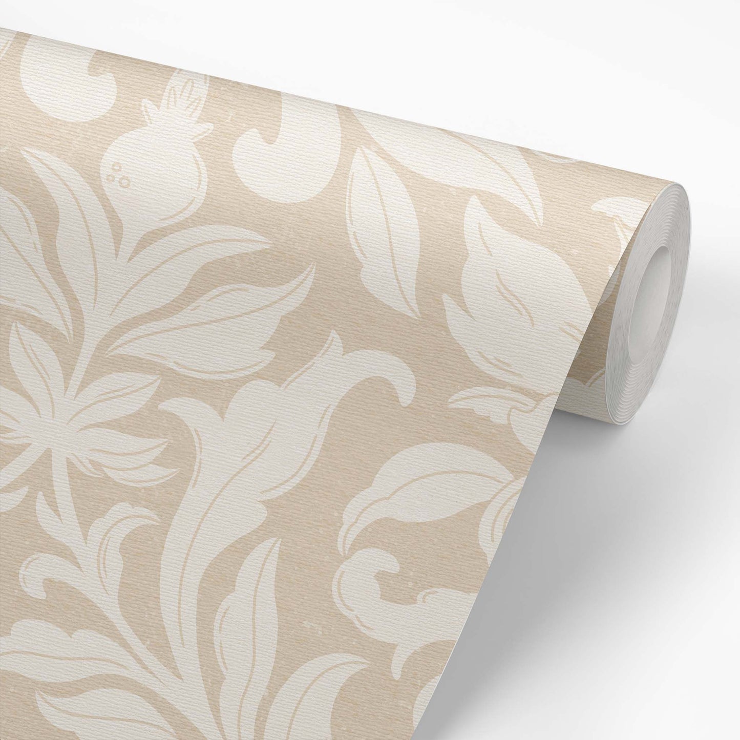Floral Dreams Damask Wallpaper in Cream on Sand on a roll of wallpaper