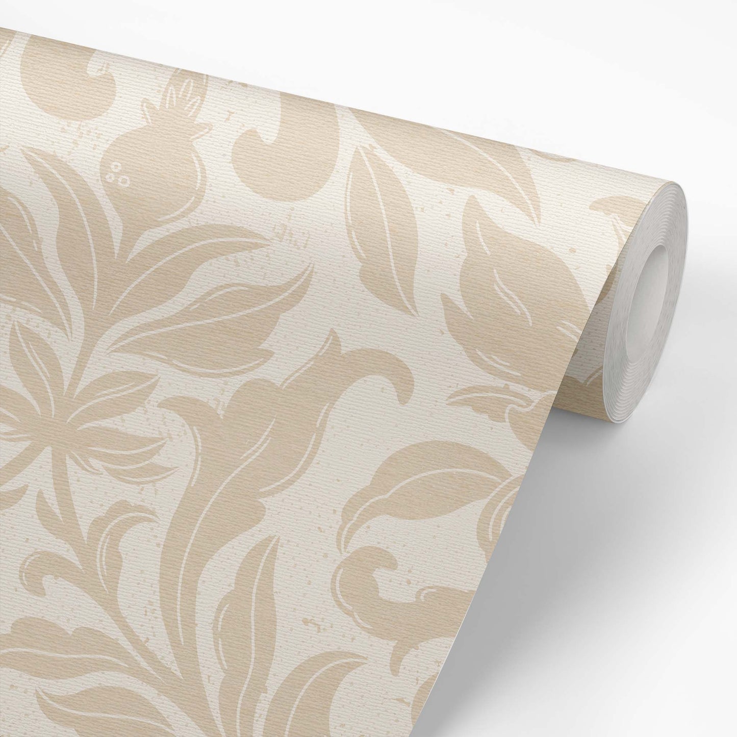 Floral Dreams Damask Wallpaper in Sand shown on a roll of wallpaper