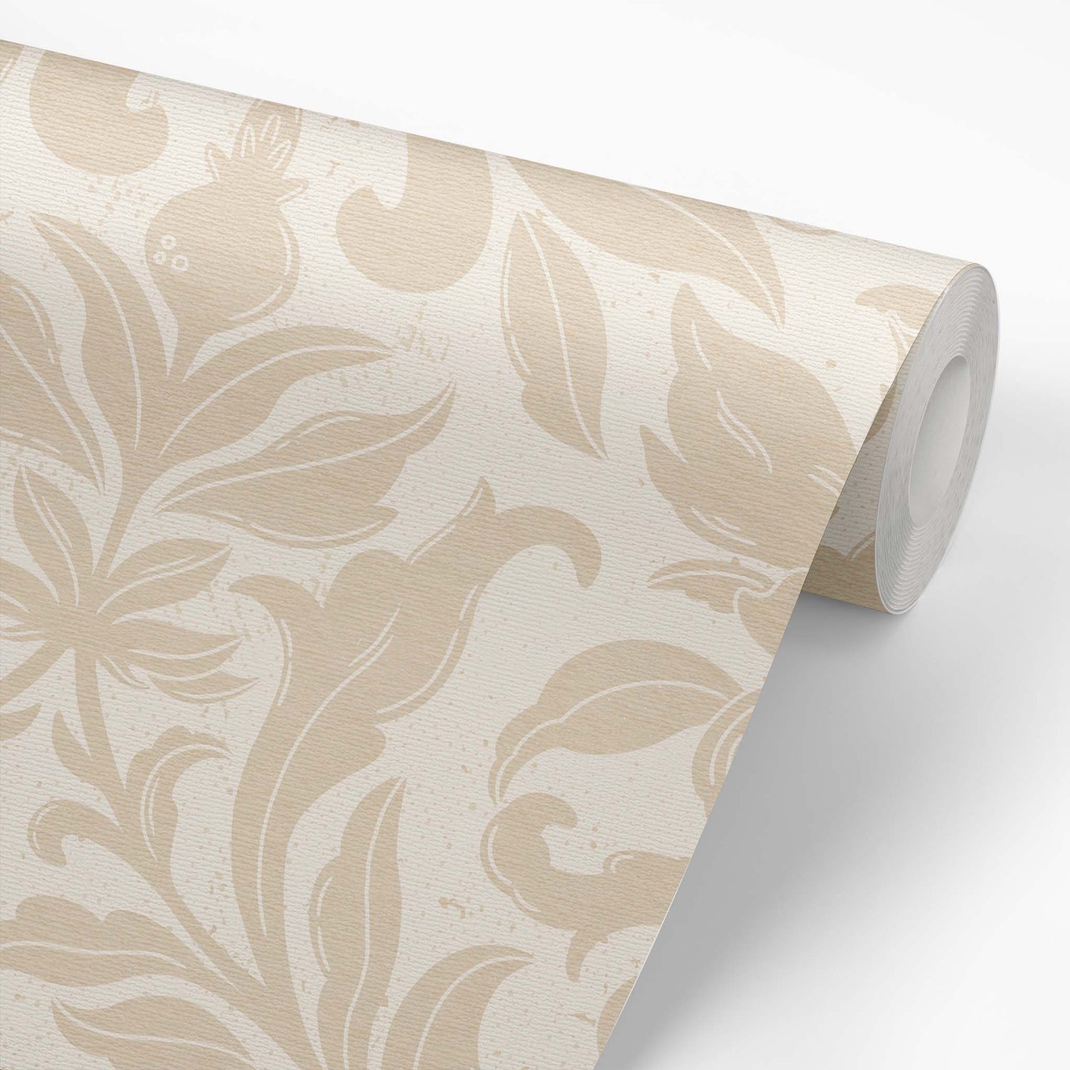 Floral Dreams Damask Wallpaper in Sand shown on a roll of wallpaper