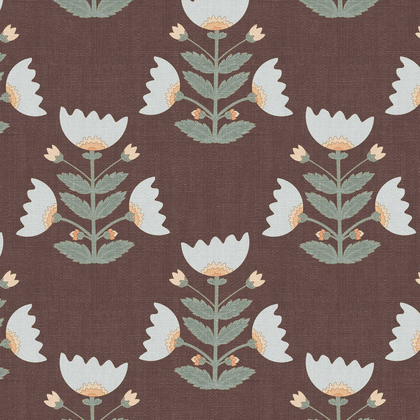 Closeup view of our Folk Art Tulips Wallpaper in Deep Burgundy