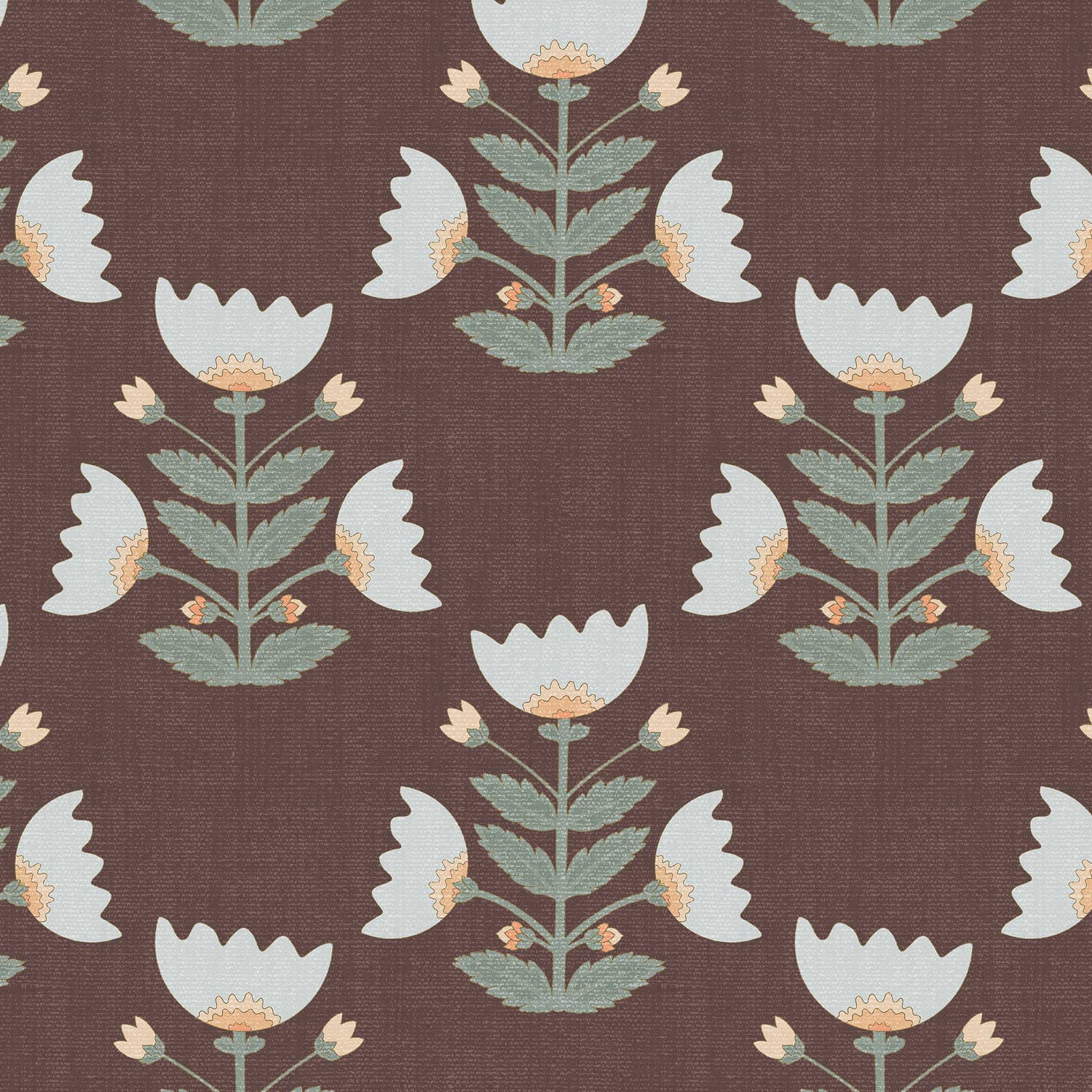 Closeup view of our Folk Art Tulips Wallpaper in Deep Burgundy