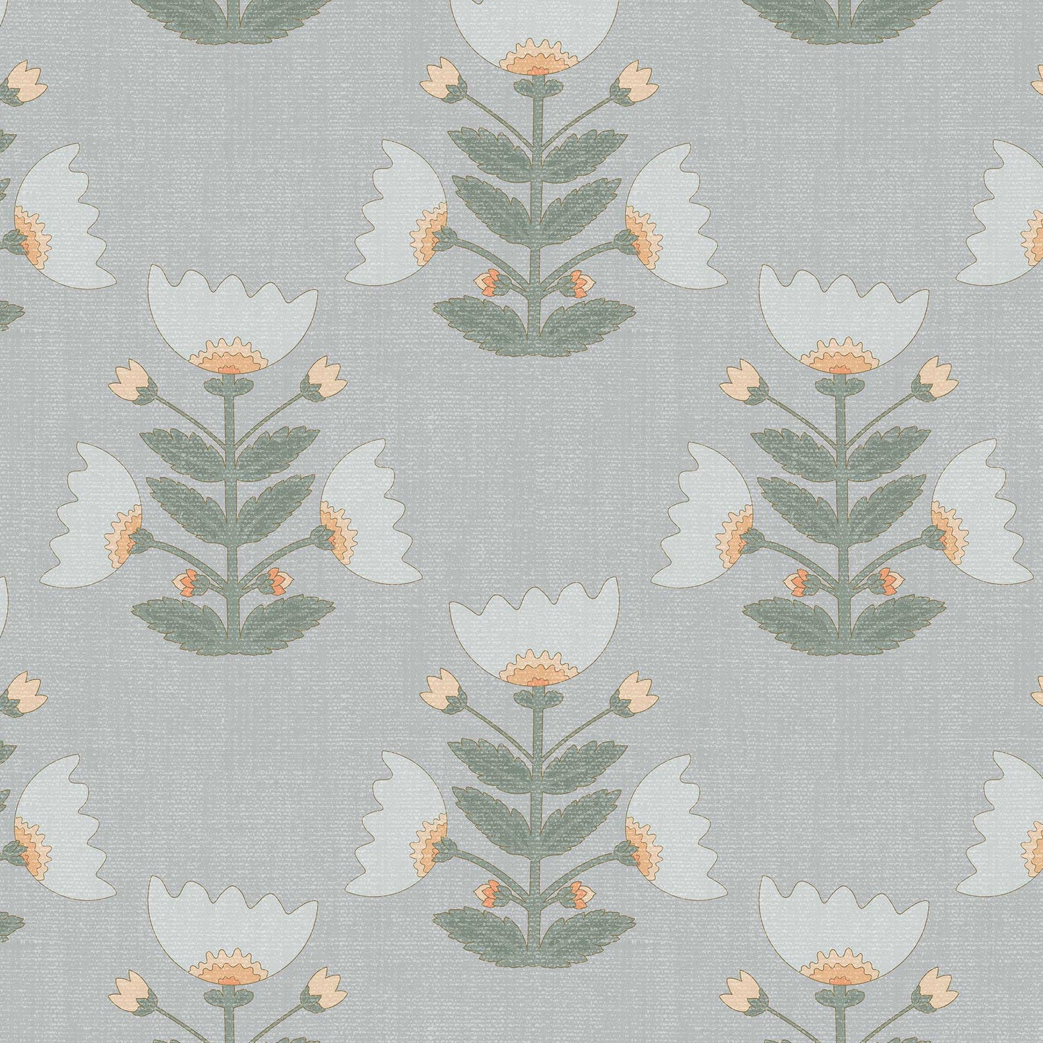 Folk Art Tulips Wallpaper in Dove Gray shown close up