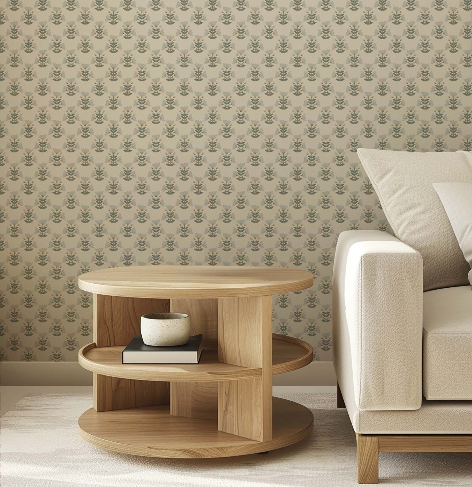 Folk Art Tulips Wallpaper in Light shown in an office