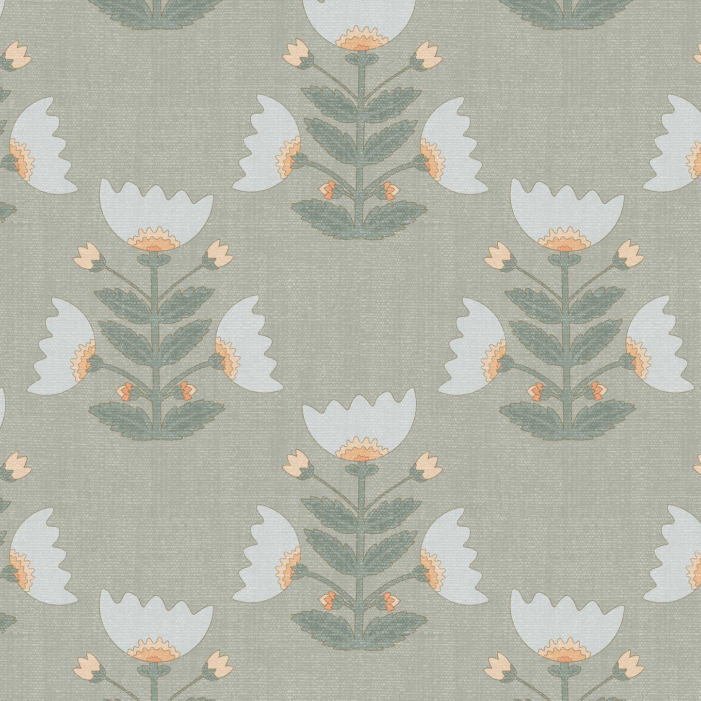 Closeup view of our Folk Art Tulips Wallpaper in Pale Olive