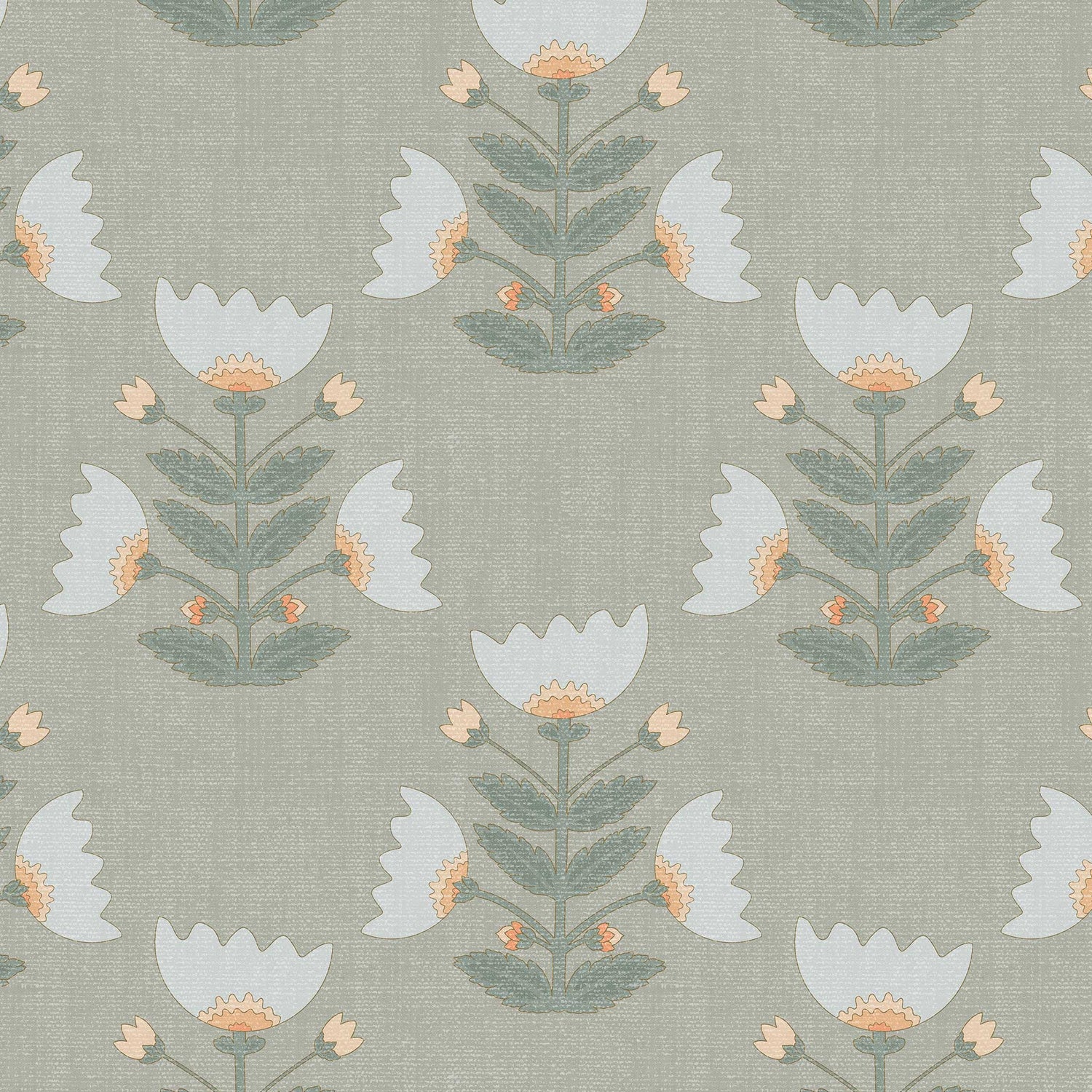 Closeup view of our Folk Art Tulips Wallpaper in Pale Olive