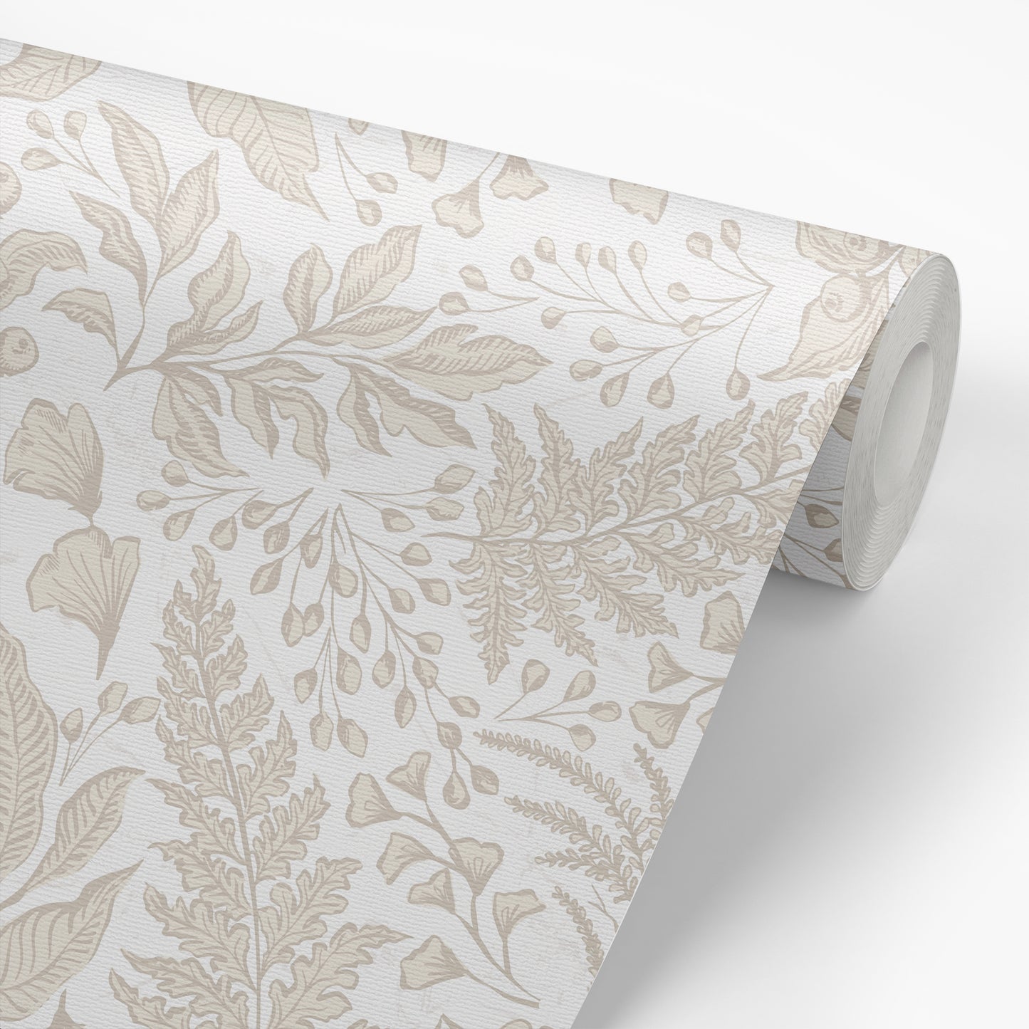 Roll of wallpaper with a leaf pattern on a white background