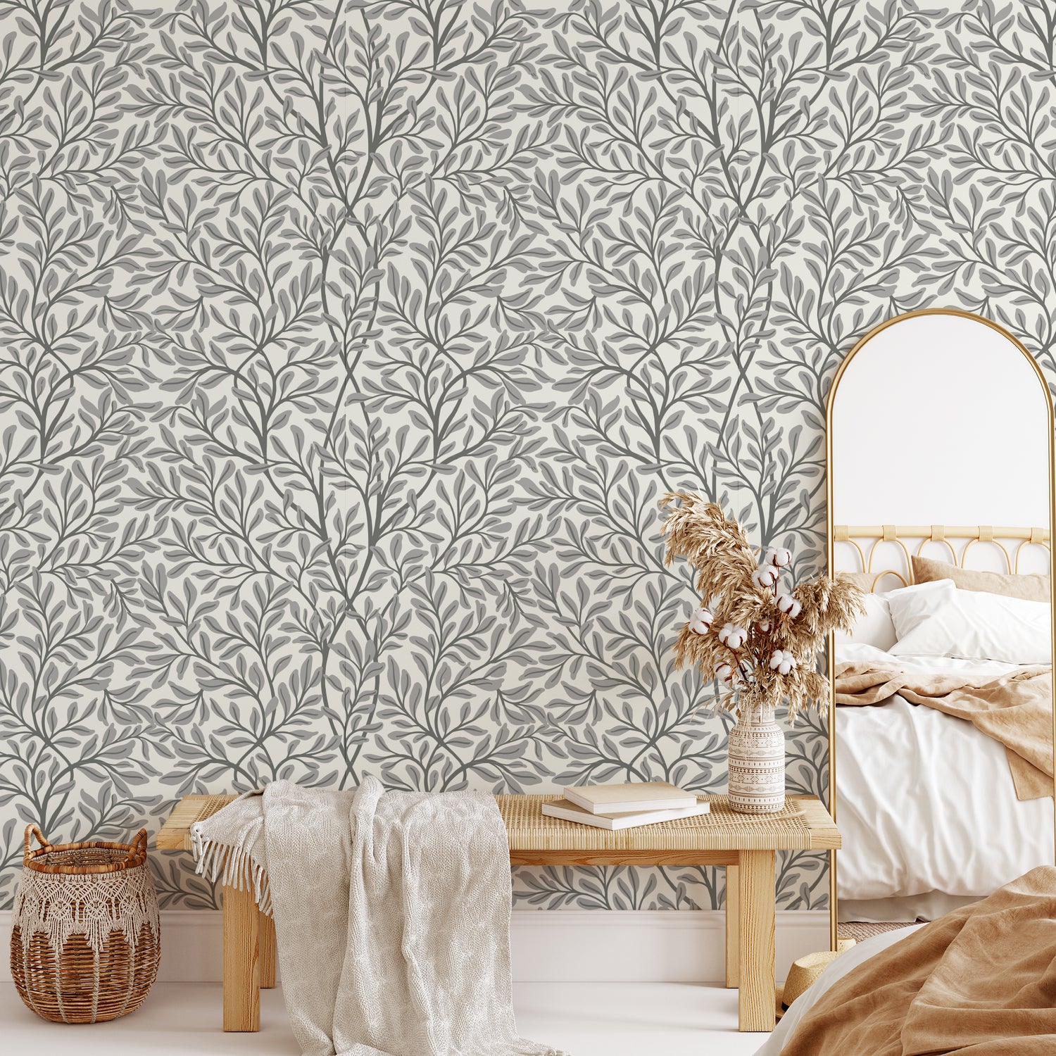 Introducing Nostalgia Nouveau Wallpaper, a luxurious addition to any space. Gray leaves are artfully scattered across the wallpaper, bringing a sense of nostalgia and sophistication.