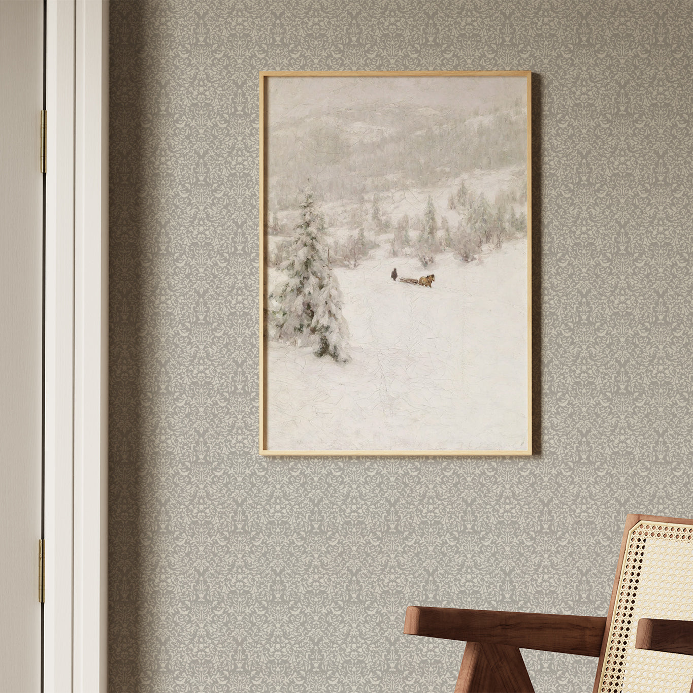 Luxe Toile Elegance Wallpaper in Gray shown in a hallway.