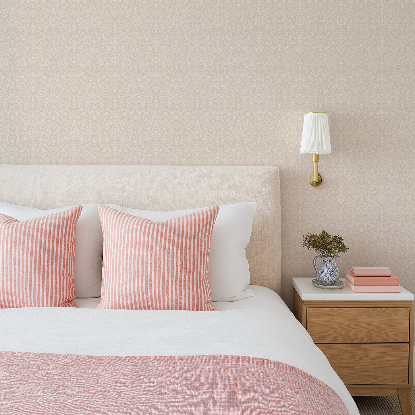 Luxe Toile Elegance Wallpaper in Blush shown in a girls bedroom.
