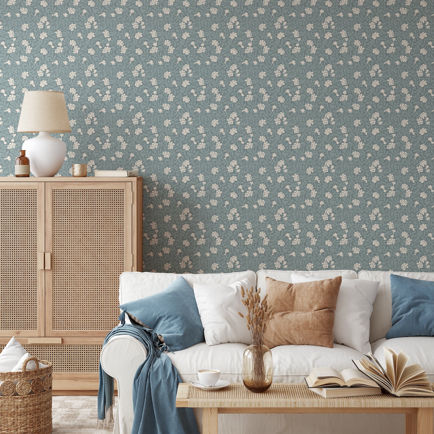 Peony Parade in Sky Blue shown in a living room.