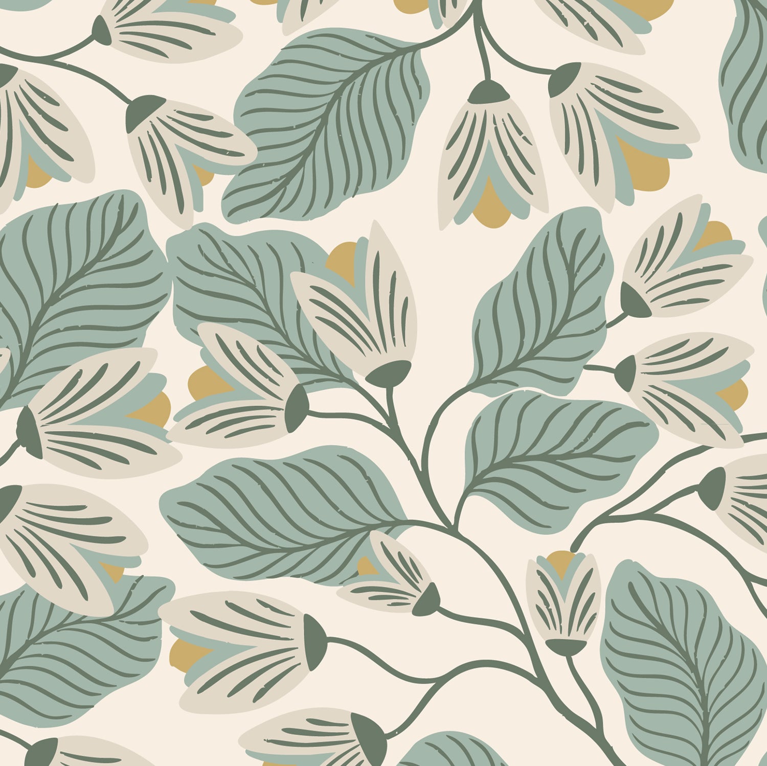 Evening Bloom Wallpaper in Sage shown close up.