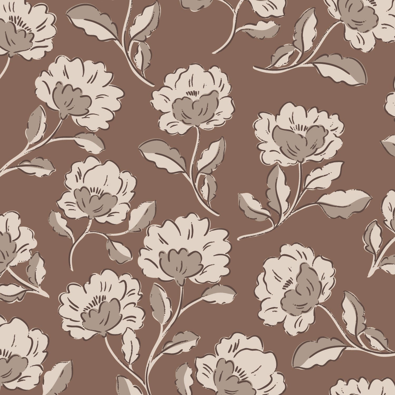 Heirloom Blooms Wallpaper in Brown shown close up.