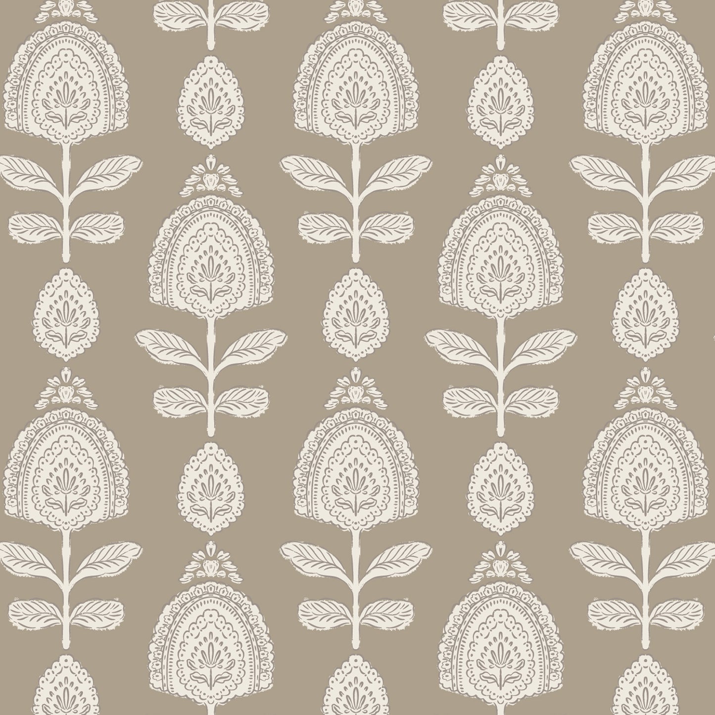 Antique Stamped Blossoms Wallpaper in Brown shown up close.