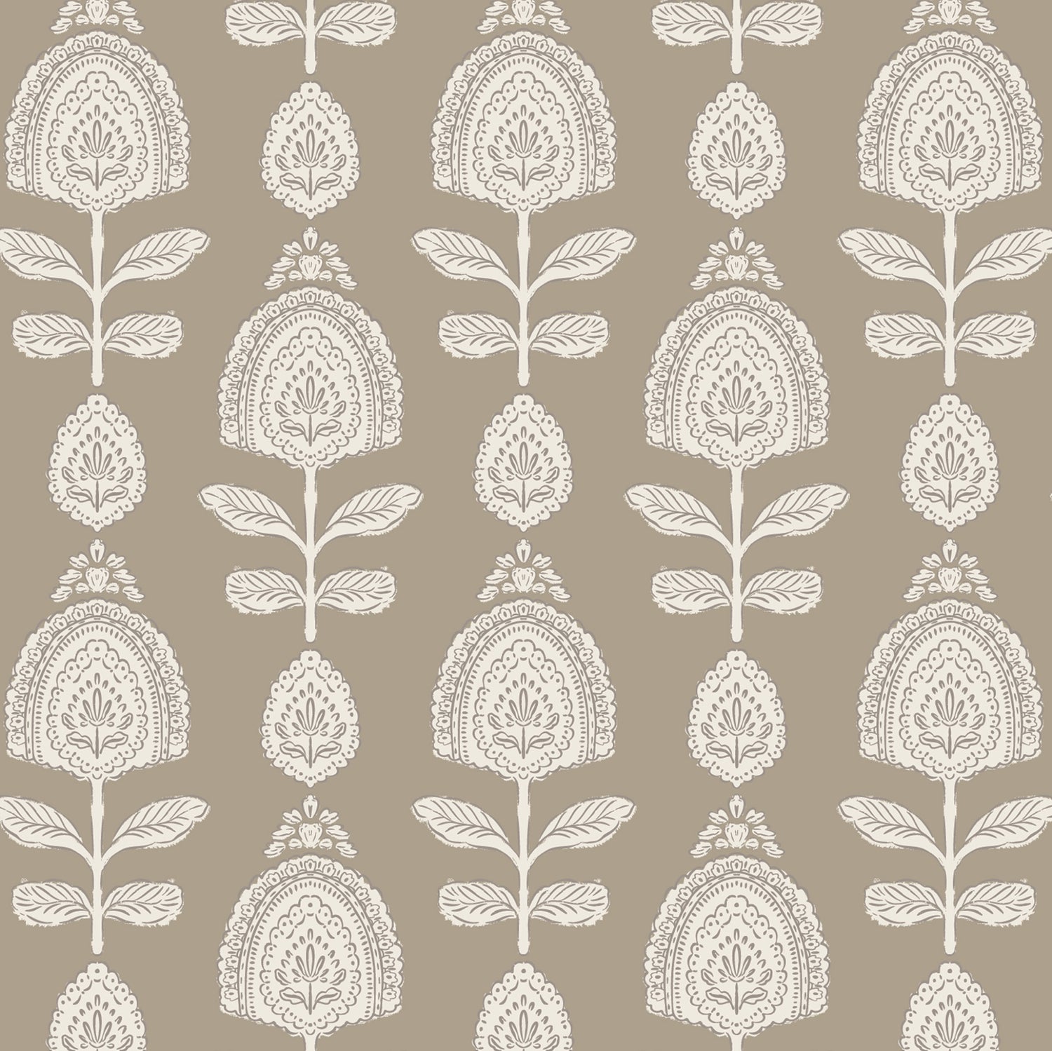 Antique Stamped Blossoms Wallpaper in Brown shown up close.