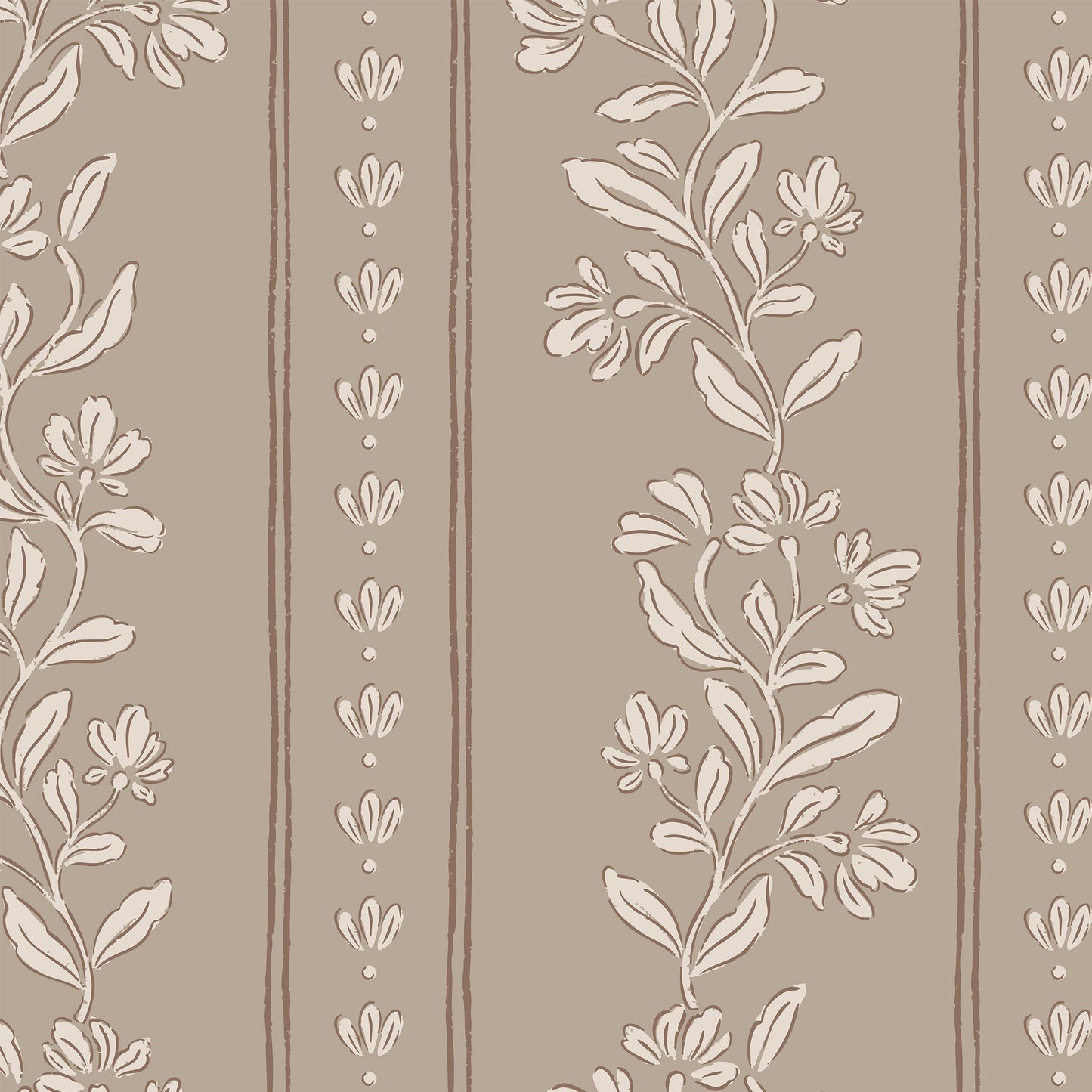 Closeup of our Striped tulips symphony wallpaper in desert sand. Florals and stripes on a light brown background.