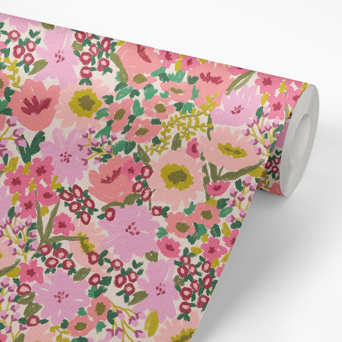 Geneva Floral Wallpaper in Pink shown on a wallpaper roll.