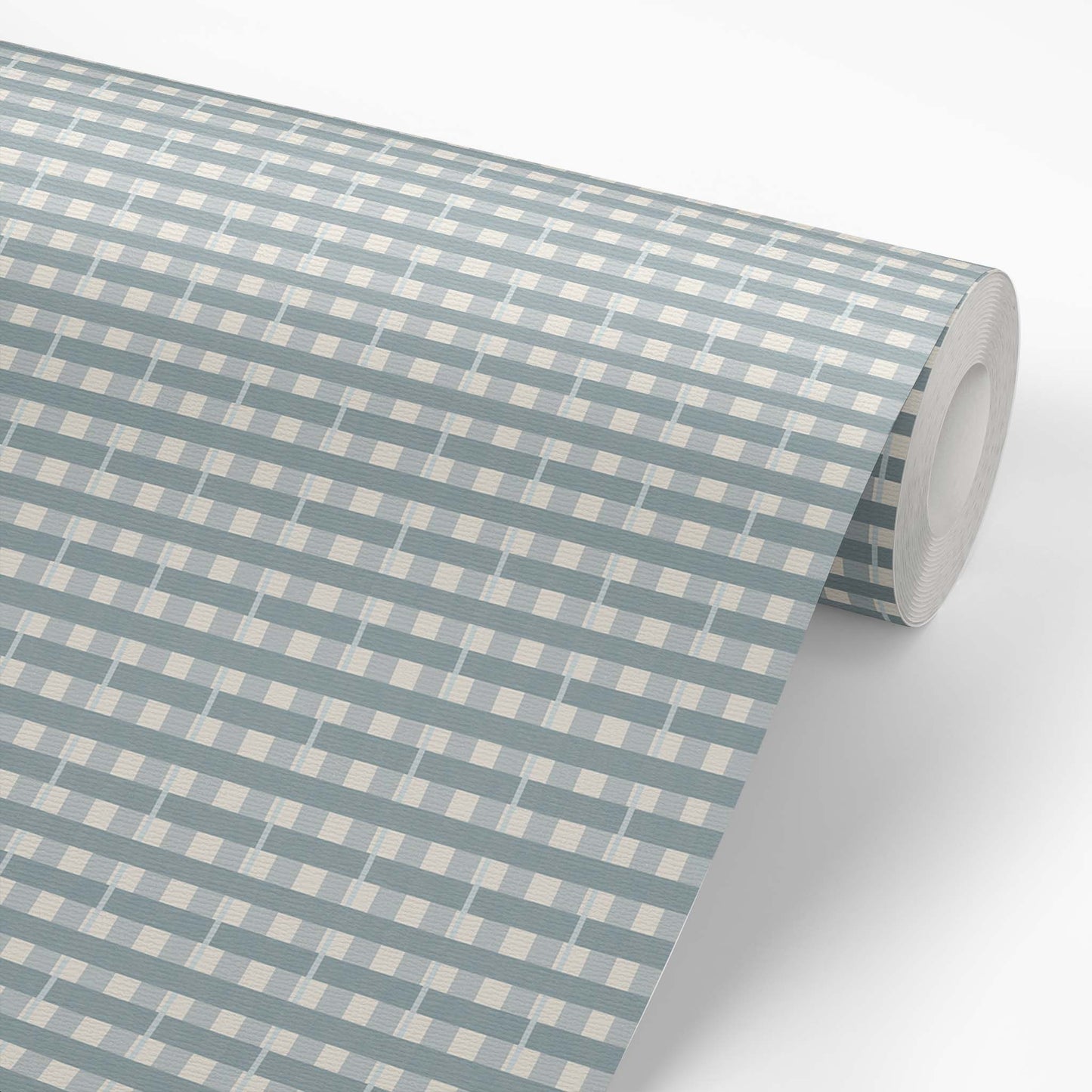 Featuring soft, cloudy sky blue tones and intricate plaid stripes, this hand-drawn wallpaper shown on a wallpaper roll.
