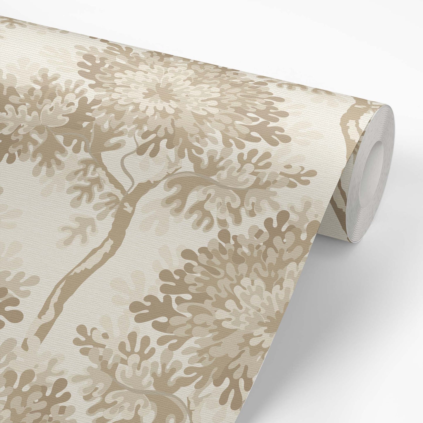 Roll of beige coral patterned wallpaper on a white background