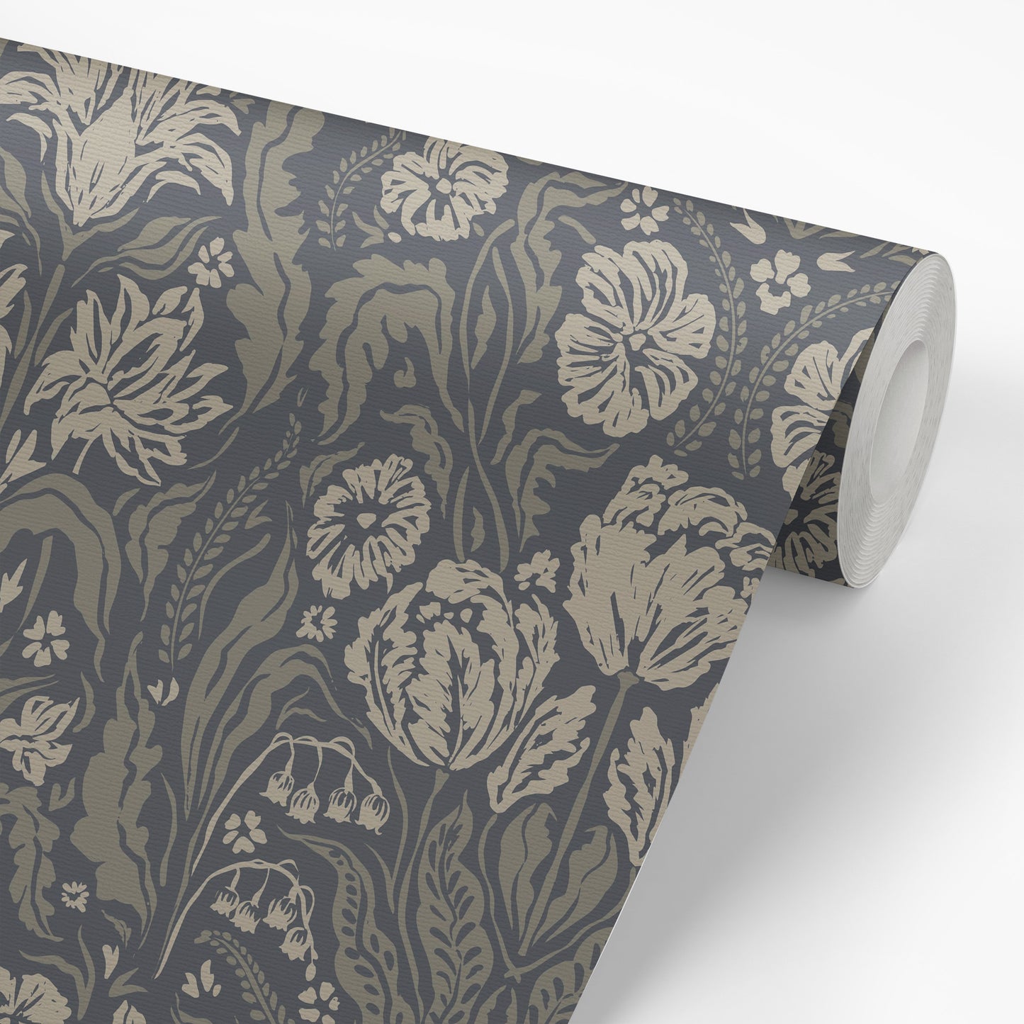Heritage Spring Wallpaper in Dark Gray shown on a wallpaper roll.